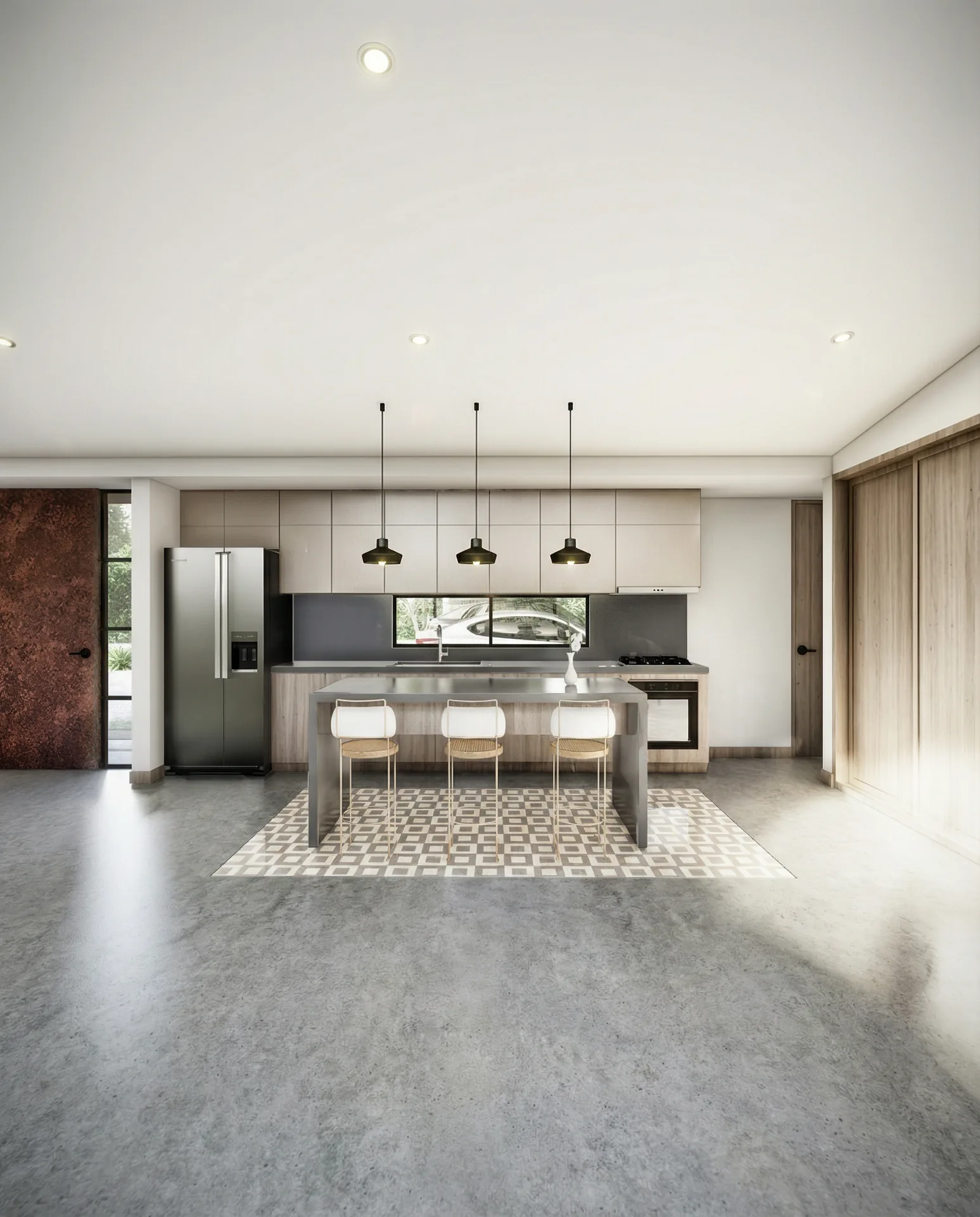 Cocina minimalista con isla y refrigerador moderno empotrado