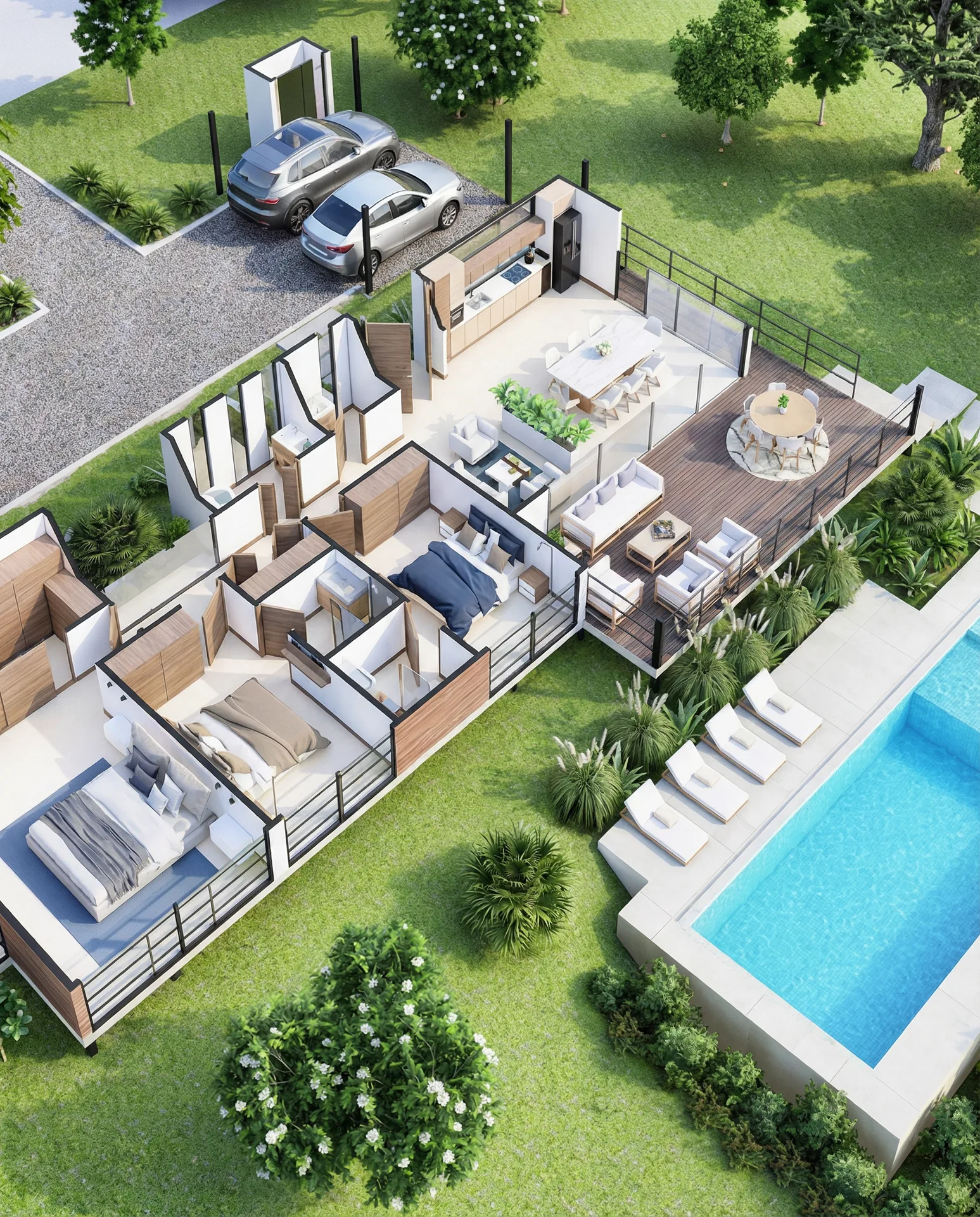 Plano 3D de la villa Tipo A mostrando la distribucion de espacios con piscina y garaje