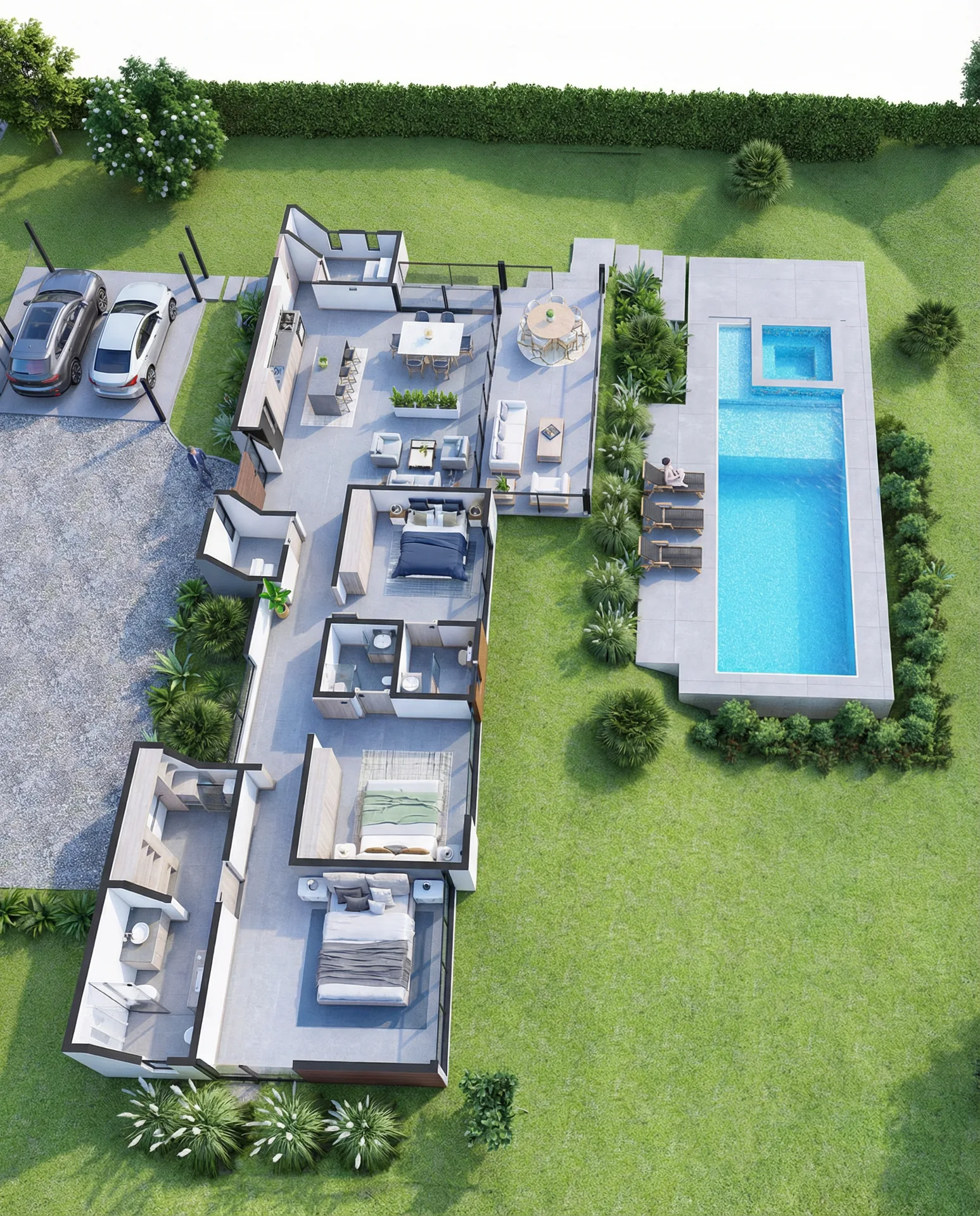 Plano 3D de la villa Tipo B mostrando distribucion compacta con piscina