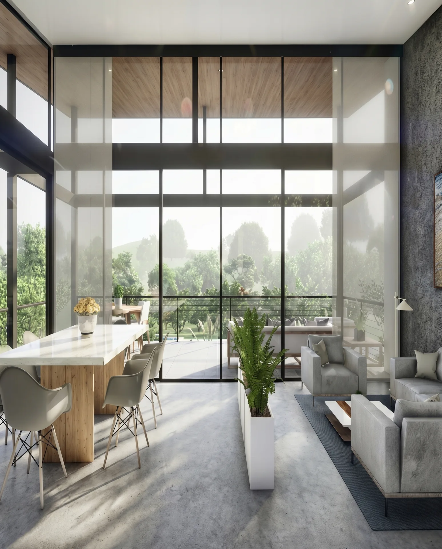 Sala comedor con doble altura y ventanales panoramicos con vista al jardin