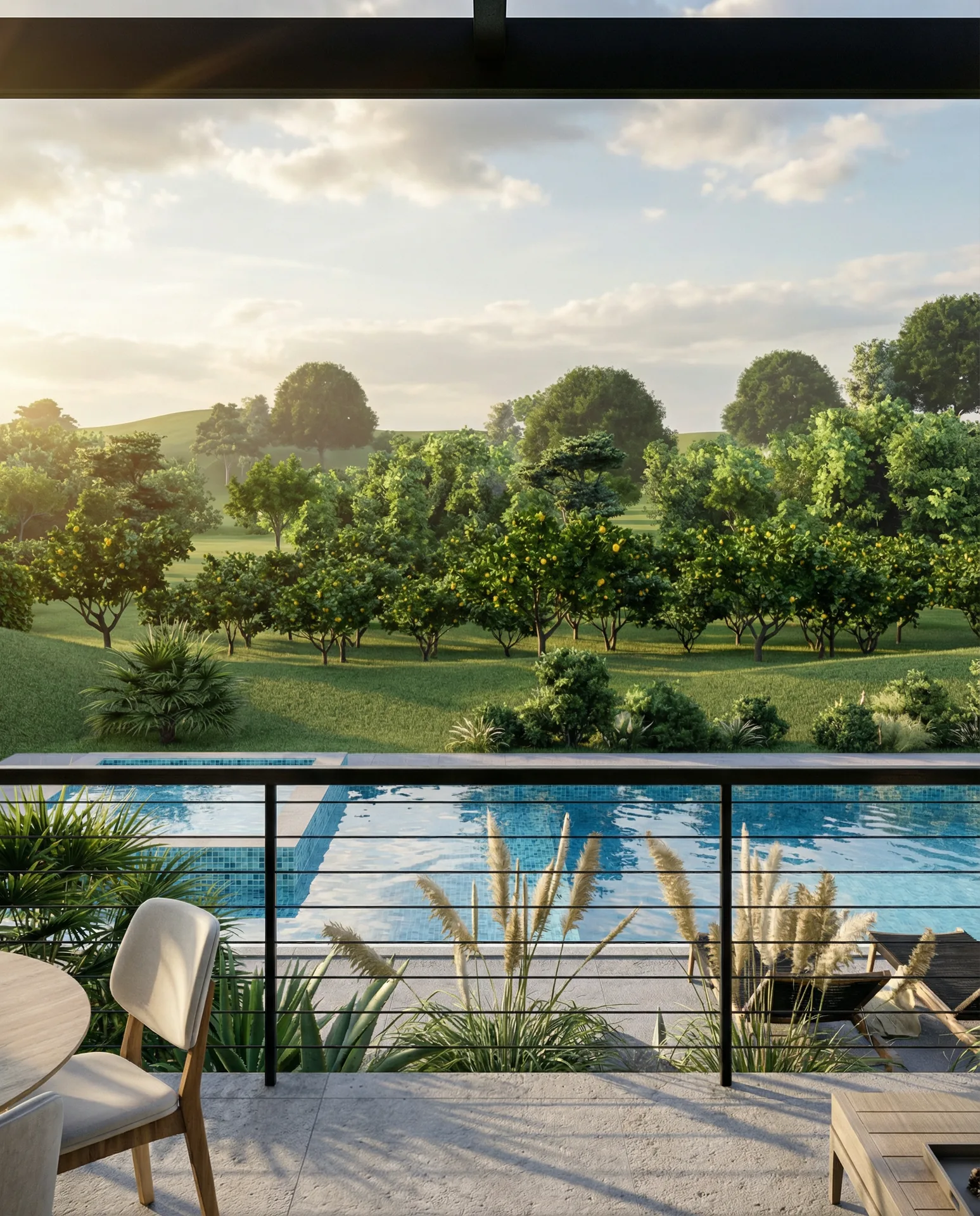 Terraza con balcon y vista a la piscina y al campo del eje cafetero