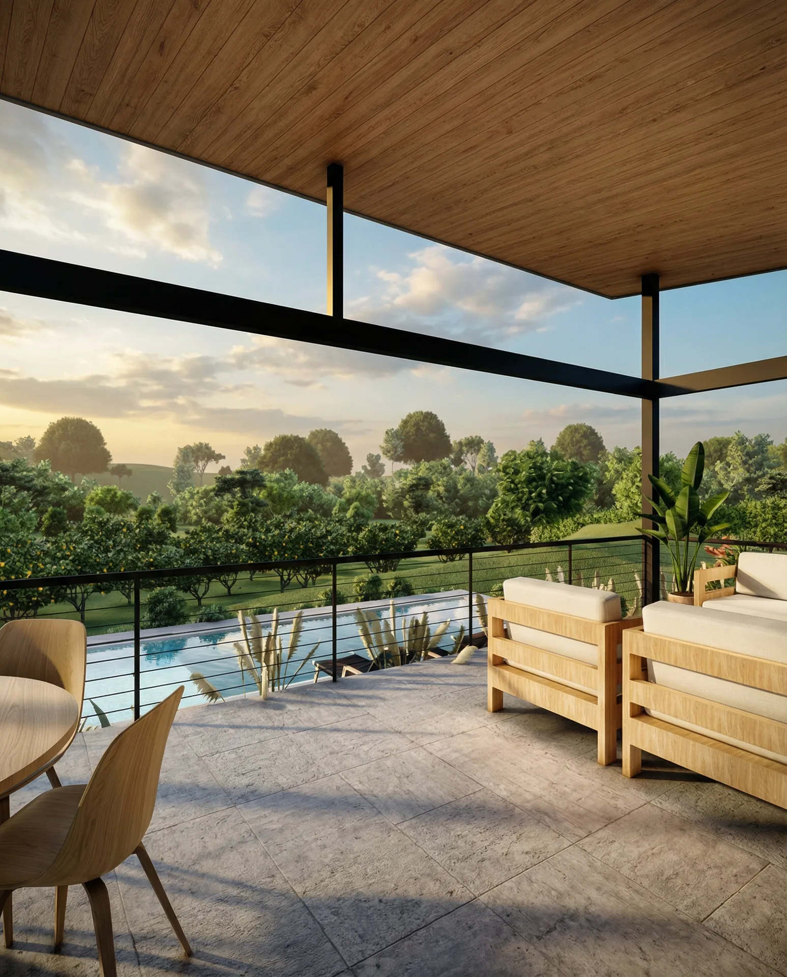 Terraza exterior con mobiliario de madera y vista a la piscina en Hacienda Primavera
