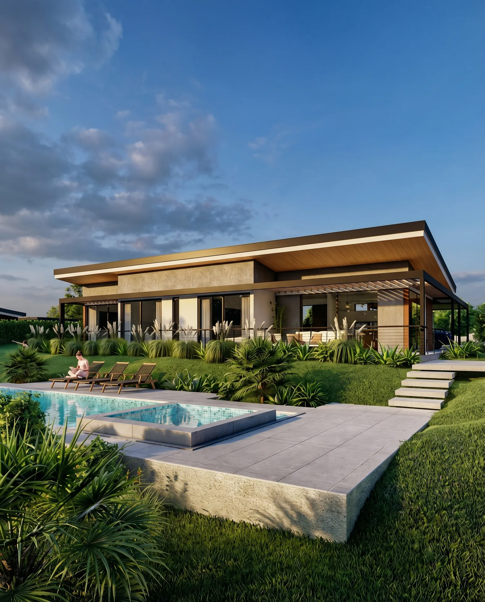 Fachada exterior de villa con piscina y jacuzzi integrado