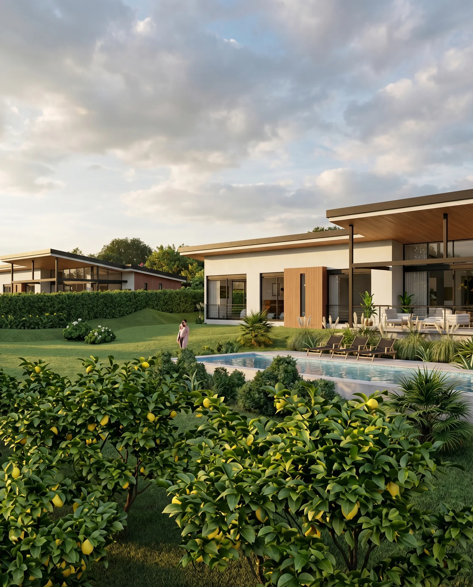 Villa rodeada de jardines con arboles frutales tropicales