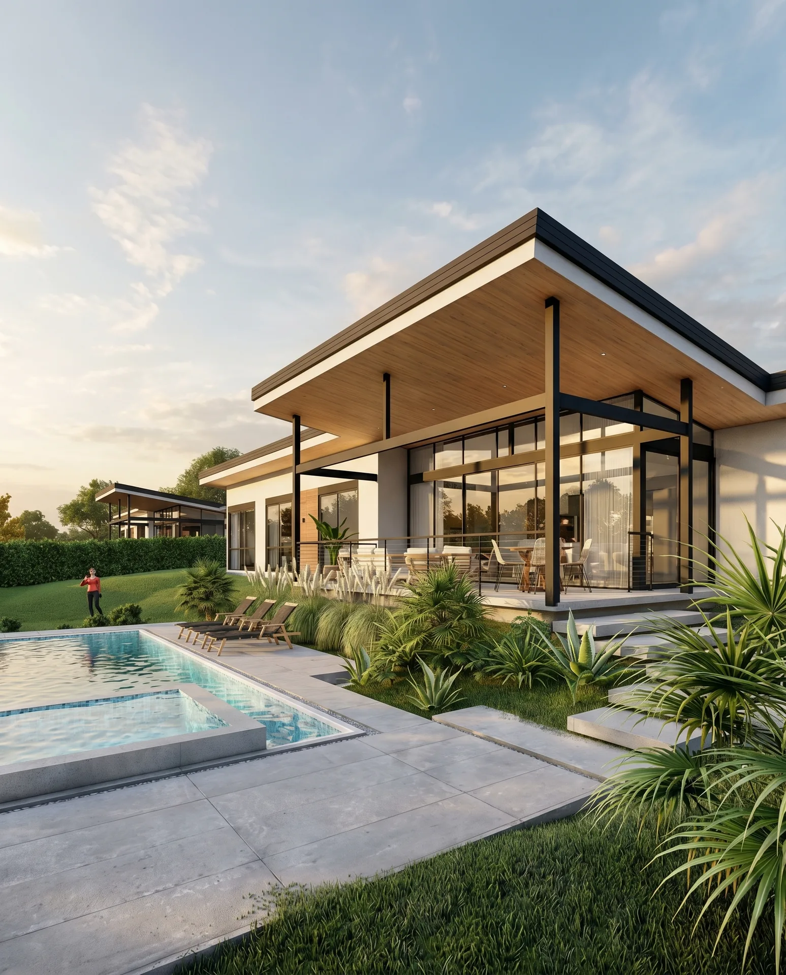 Vista exterior de villa con terraza cubierta y piscina privada